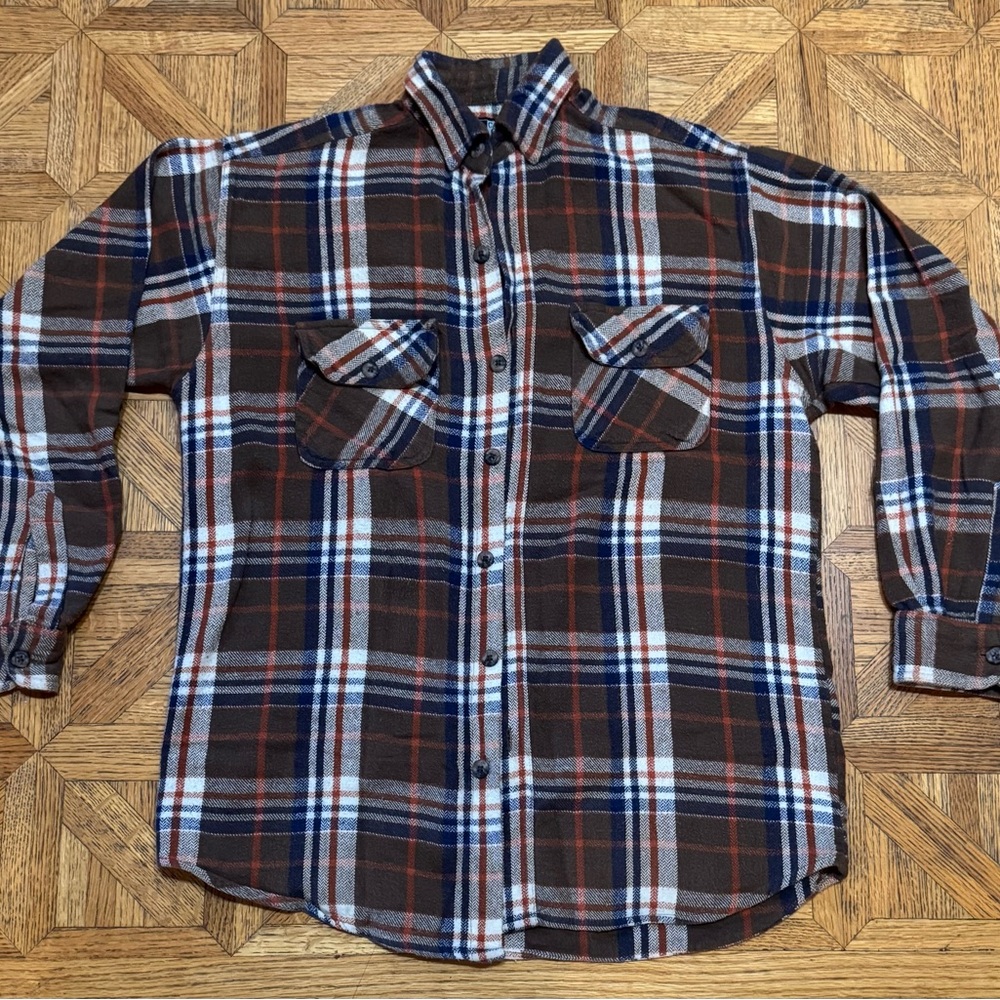 Men's Plaid Flannel Shirt - Brown, Blue, White, Orange